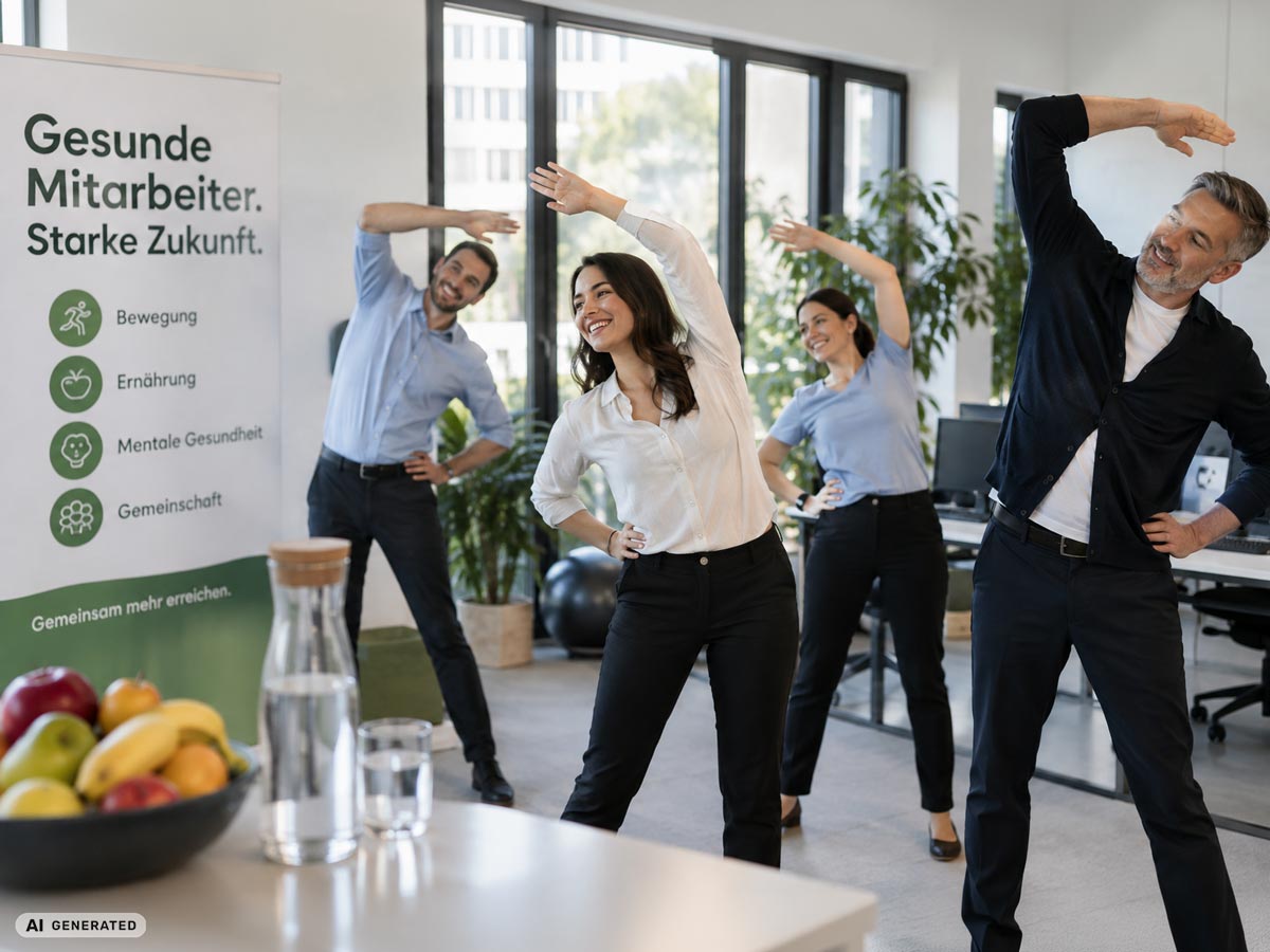Vier Mitarbeitende machen gemeinsam Dehnübungen in einem hellen, modernen Büro. Im Vordergrund stehen Obst und Wasser, daneben weist ein Plakat auf die Themen Bewegung, Ernährung, mentale Gesundheit und Gemeinschaft hin. Die Szene vermittelt betriebliches Gesundheitsmanagement und Gesundheitsförderung am Arbeitsplatz.